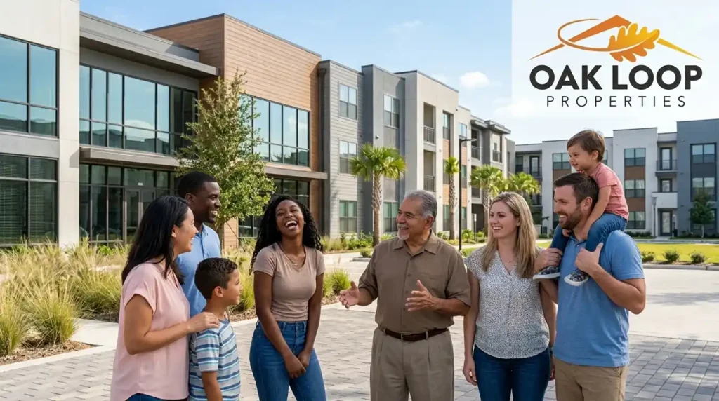 Diverse group of tenants enjoying a fair housing compliant apartment community in Pearland, managed by Oak Loop Properties