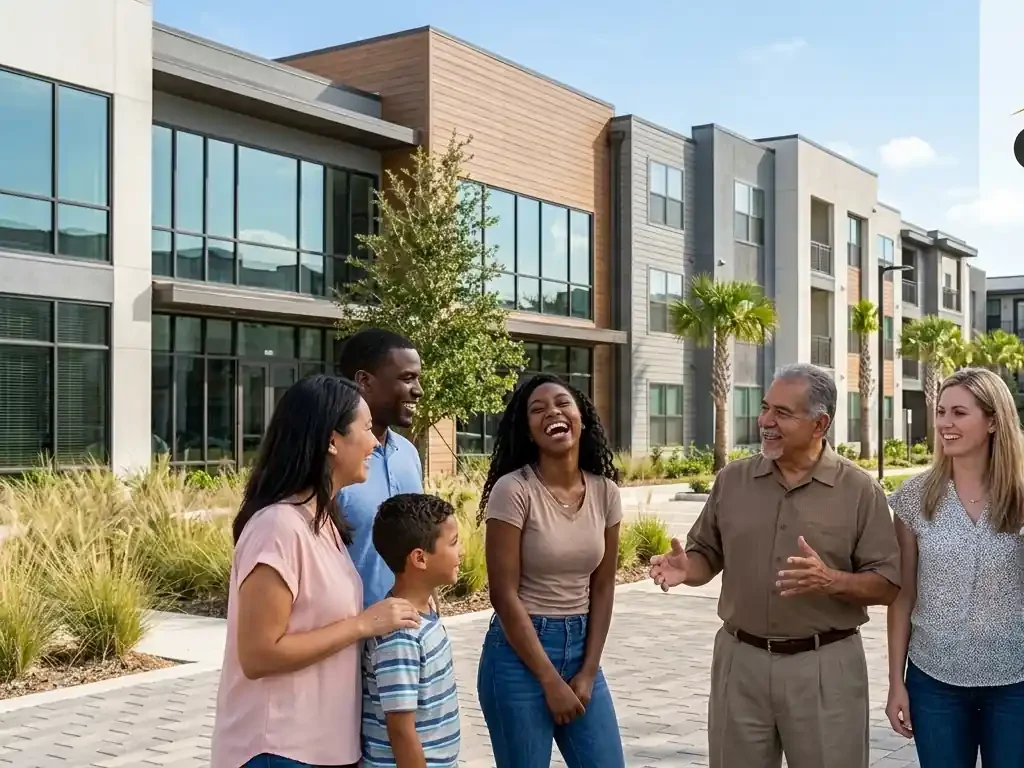 Diverse group of tenants enjoying a fair housing compliant apartment community in Pearland, managed by Oak Loop Properties