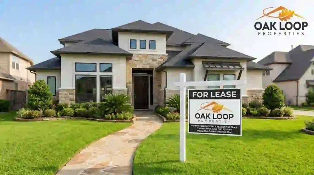 A Pearland rental home with an Oak Loop Properties "For Lease" sign on the front lawn, showing professional marketing in action.