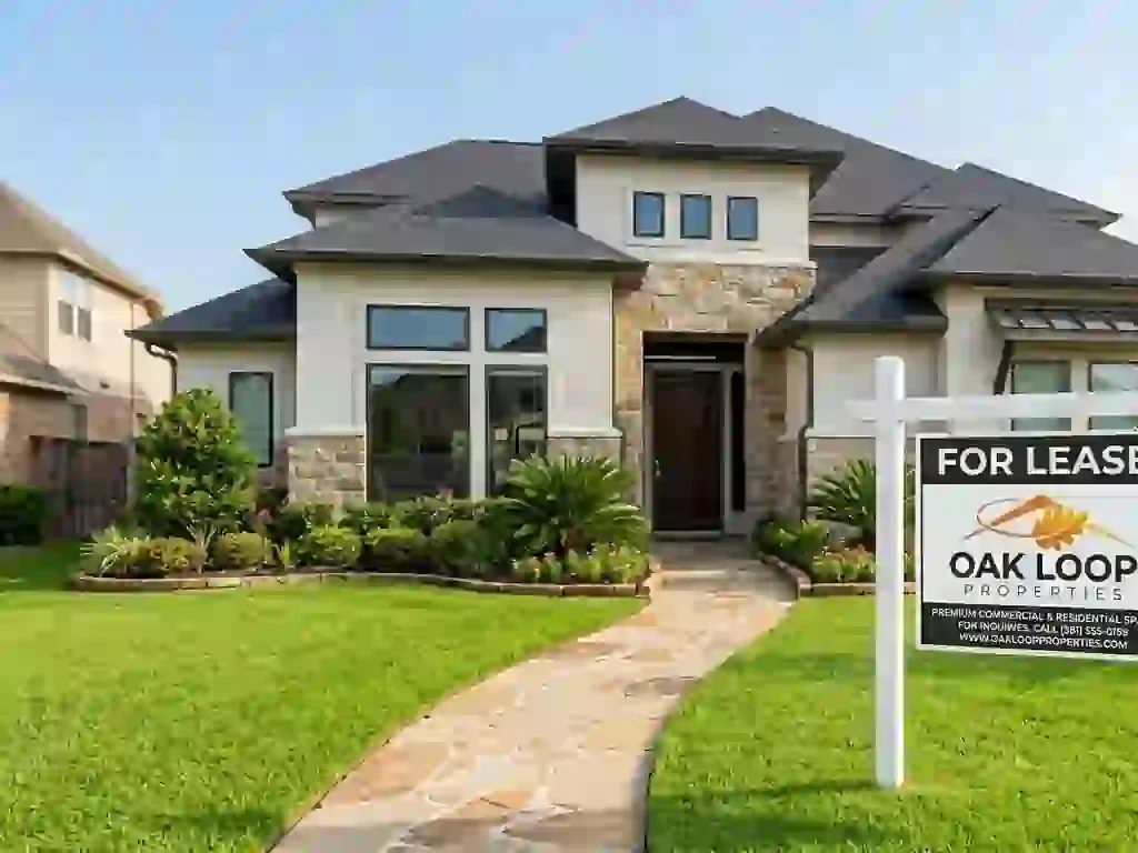 A Pearland rental home with an Oak Loop Properties "For Lease" sign on the front lawn, showing professional marketing in action.