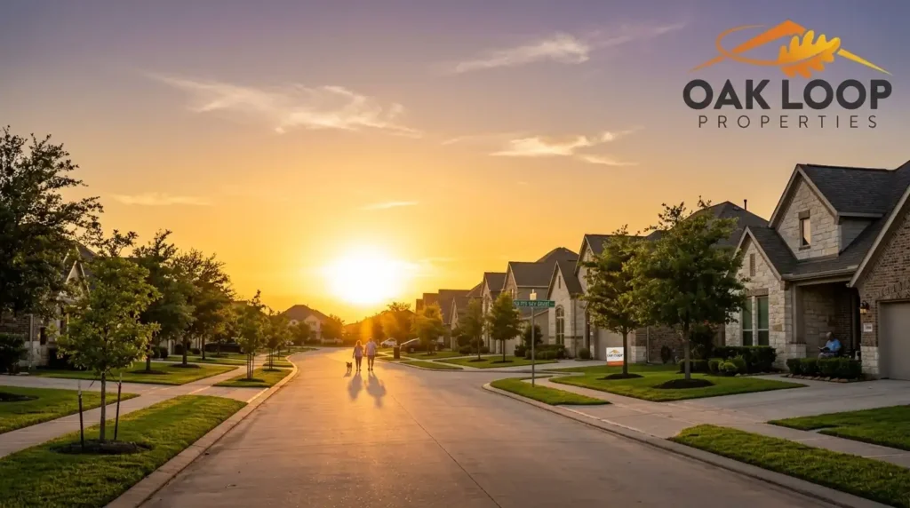 A beautiful and quiet Pearland neighborhood showing the potential for long-term real estate investment growth with Oak Loop Properties.
