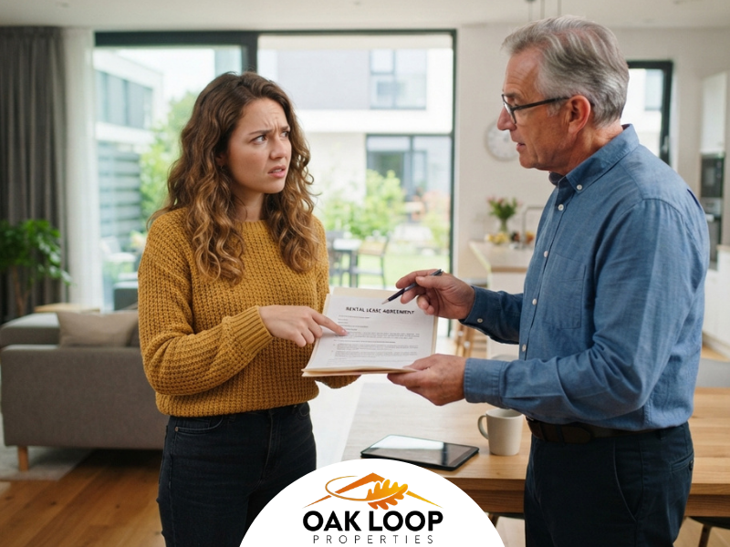 Older landlord reviewing a rental lease agreement with a concerned female tenant in an apartment.
