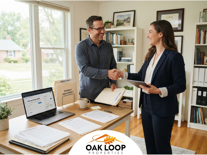 A smiling man and woman wearing business attire are shaking hands across a wooden office desk. The desk holds a laptop, file folders, and paperwork. The office is brightly lit with natural light coming from a large window in the background.