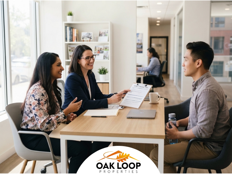A professional property manager or landlord conducting a tenant screening interview in a bright, modern office, with all background branding and nameplates removed for a clean, non-promotional look.